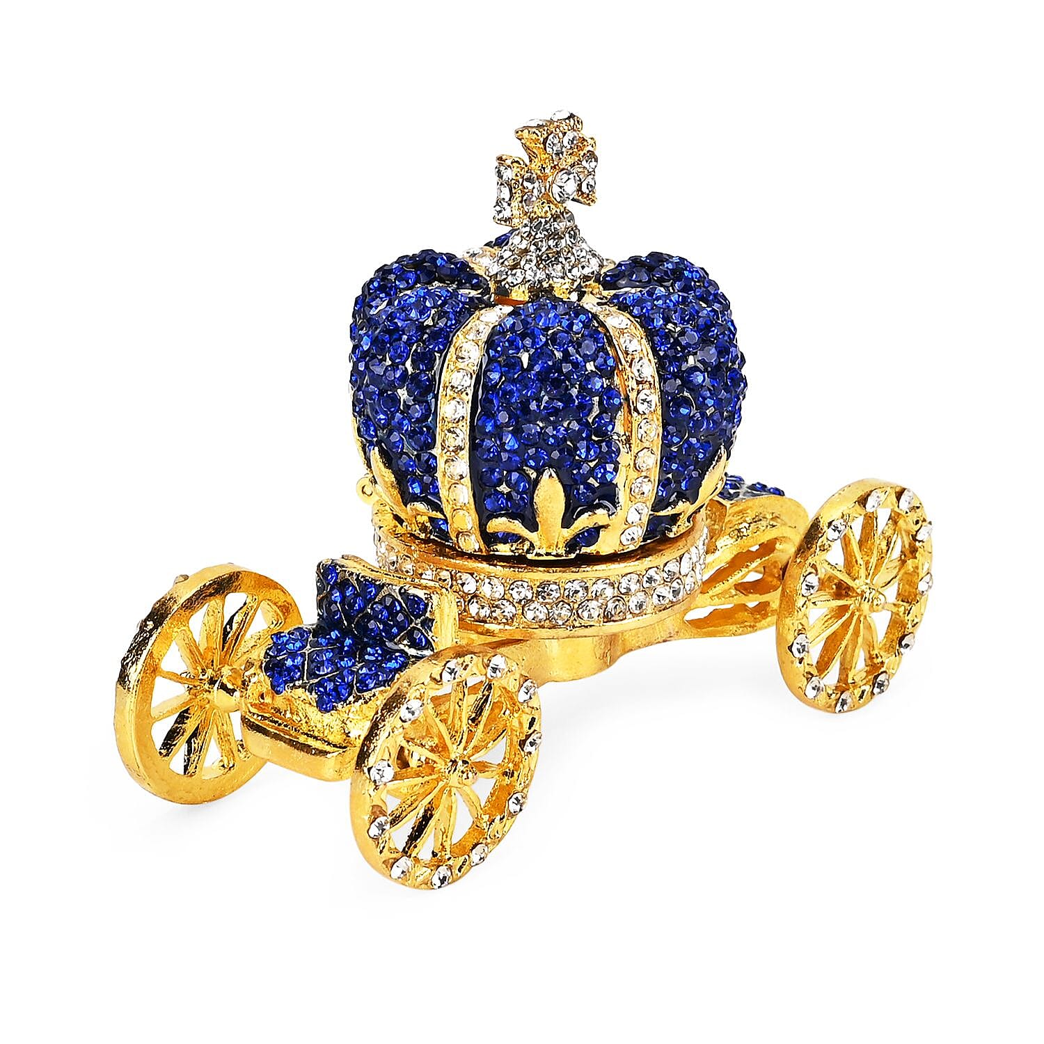 Pumpkin Cart Hand Painted Trinket Storage Box Enamelled With Sparkling Crystals - Blue & Gold