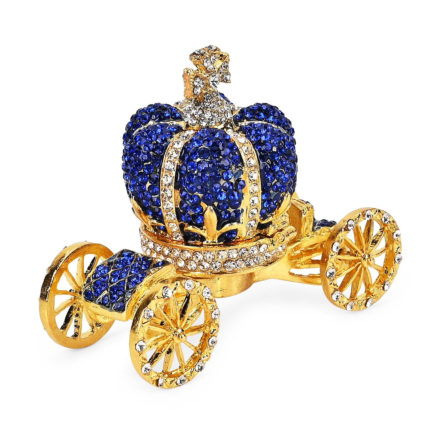 Pumpkin Cart Hand Painted Trinket Storage Box Enamelled With Sparkling Crystals - Blue & Gold