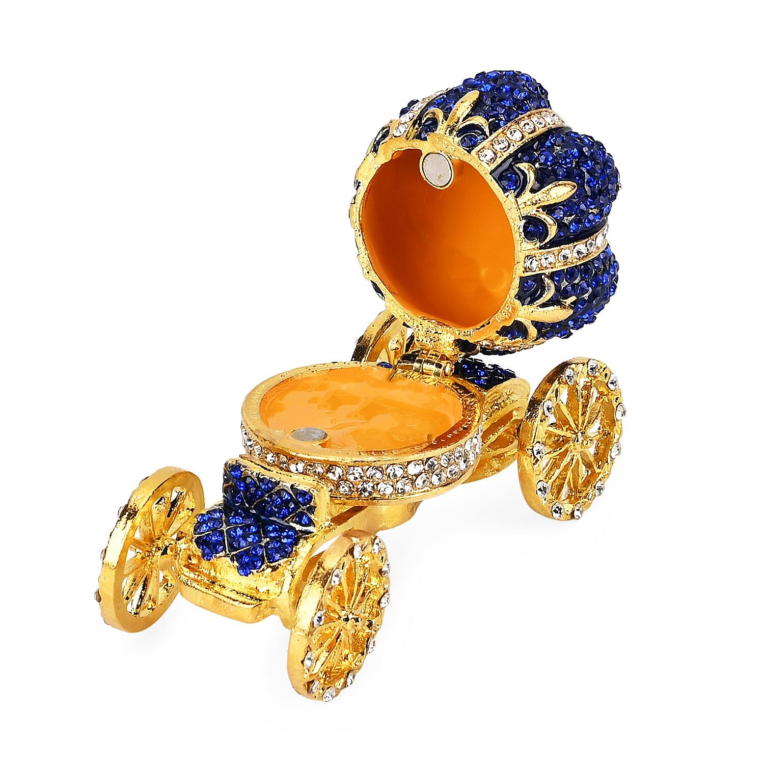 Pumpkin Cart Hand Painted Trinket Storage Box Enamelled With Sparkling Crystals - Blue & Gold