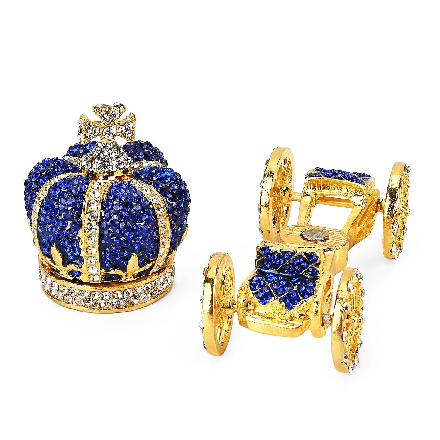 Pumpkin Cart Hand Painted Trinket Storage Box Enamelled With Sparkling Crystals - Blue & Gold