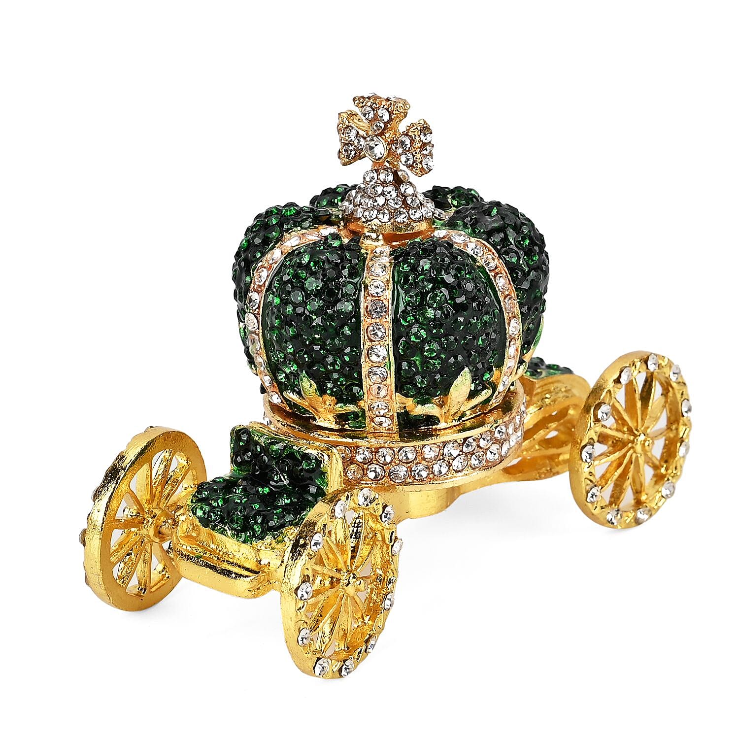 Pumpkin Cart Hand Painted Trinket Storage Box Enamelled With Sparkling Crystals - Green - Gold