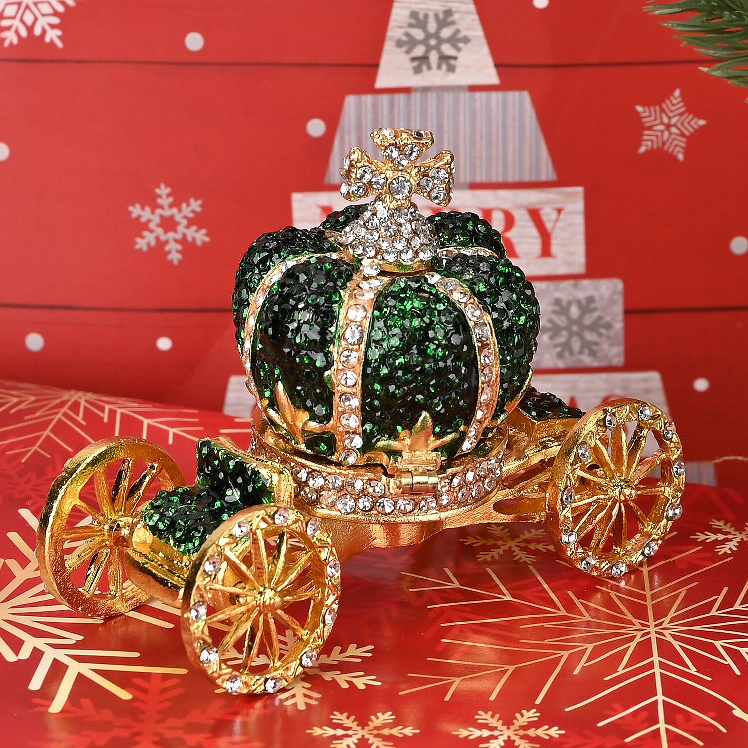 Pumpkin Cart Hand Painted Trinket Storage Box Enamelled With Sparkling Crystals - Green - Gold