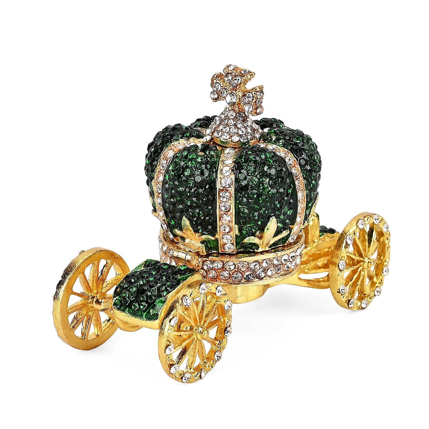 Pumpkin Cart Hand Painted Trinket Storage Box Enamelled With Sparkling Crystals - Green - Gold