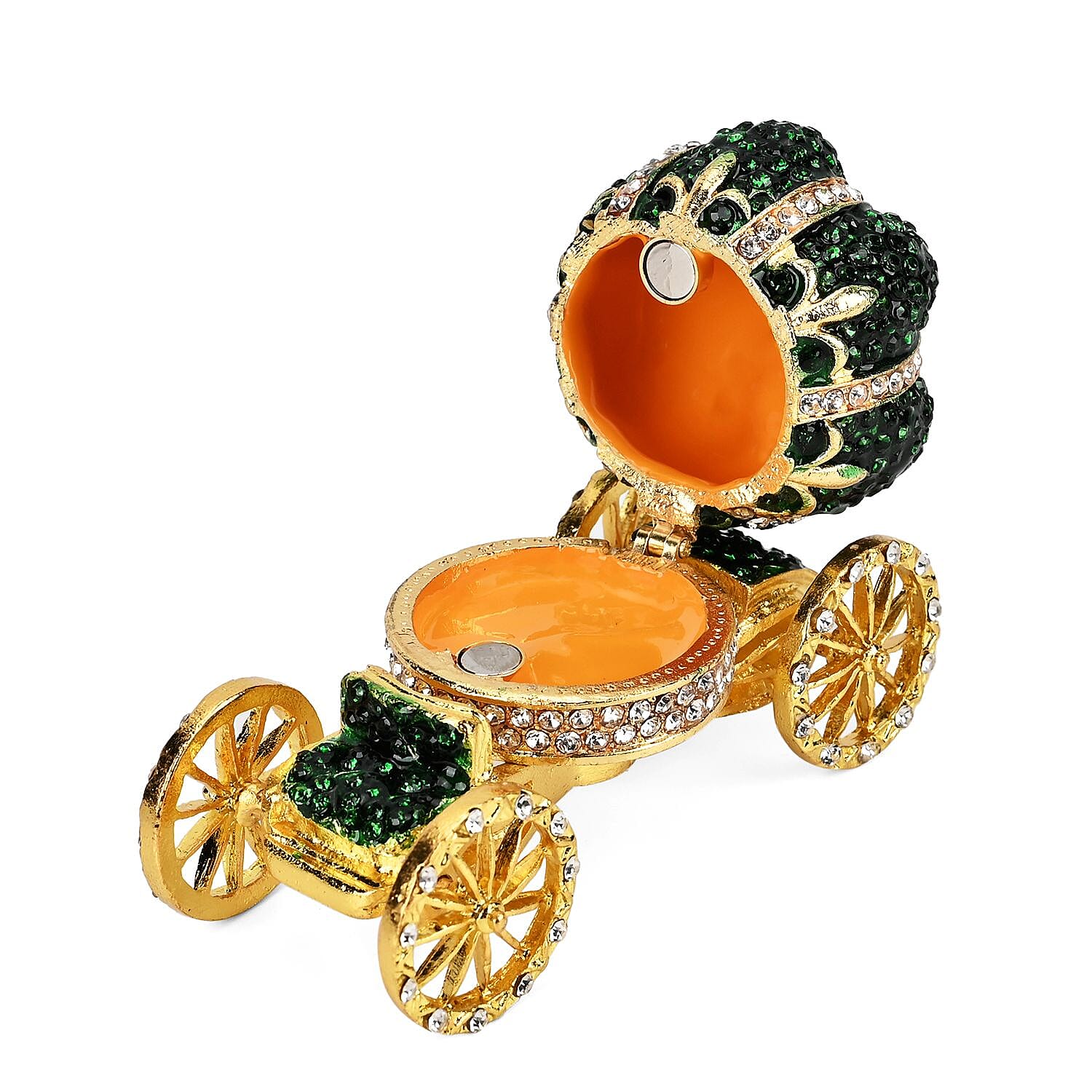 Pumpkin Cart Hand Painted Trinket Storage Box Enamelled With Sparkling Crystals - Green - Gold