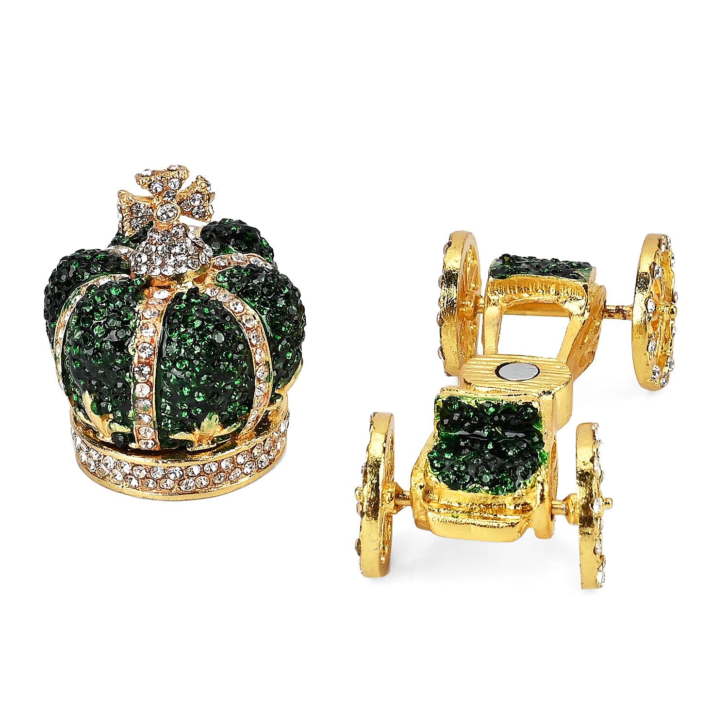 Pumpkin Cart Hand Painted Trinket Storage Box Enamelled With Sparkling Crystals - Green - Gold