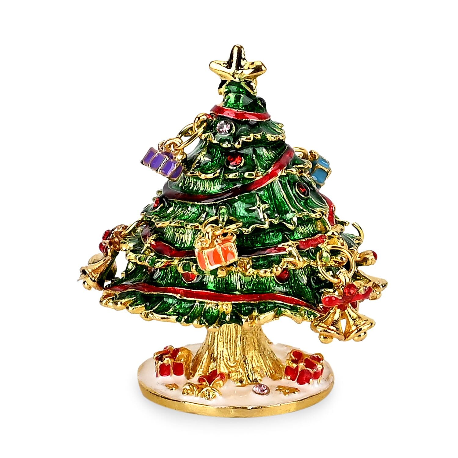 Christmas Tree Hand Painted Trinket Storage Box Enamelled With Sparkling Crystals - Green, Purple & Red