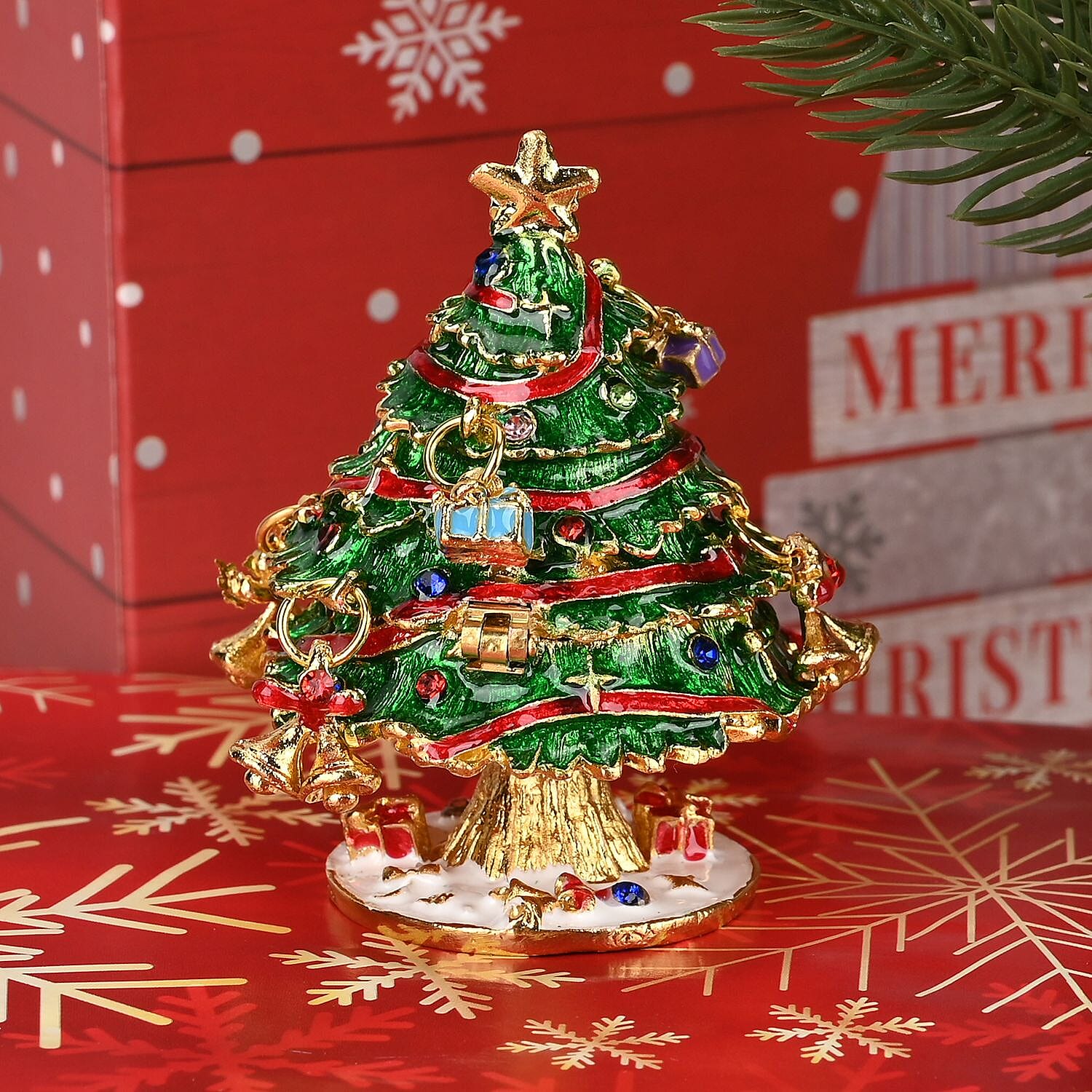 Christmas Tree Hand Painted Trinket Storage Box Enamelled With Sparkling Crystals - Green, Purple & Red