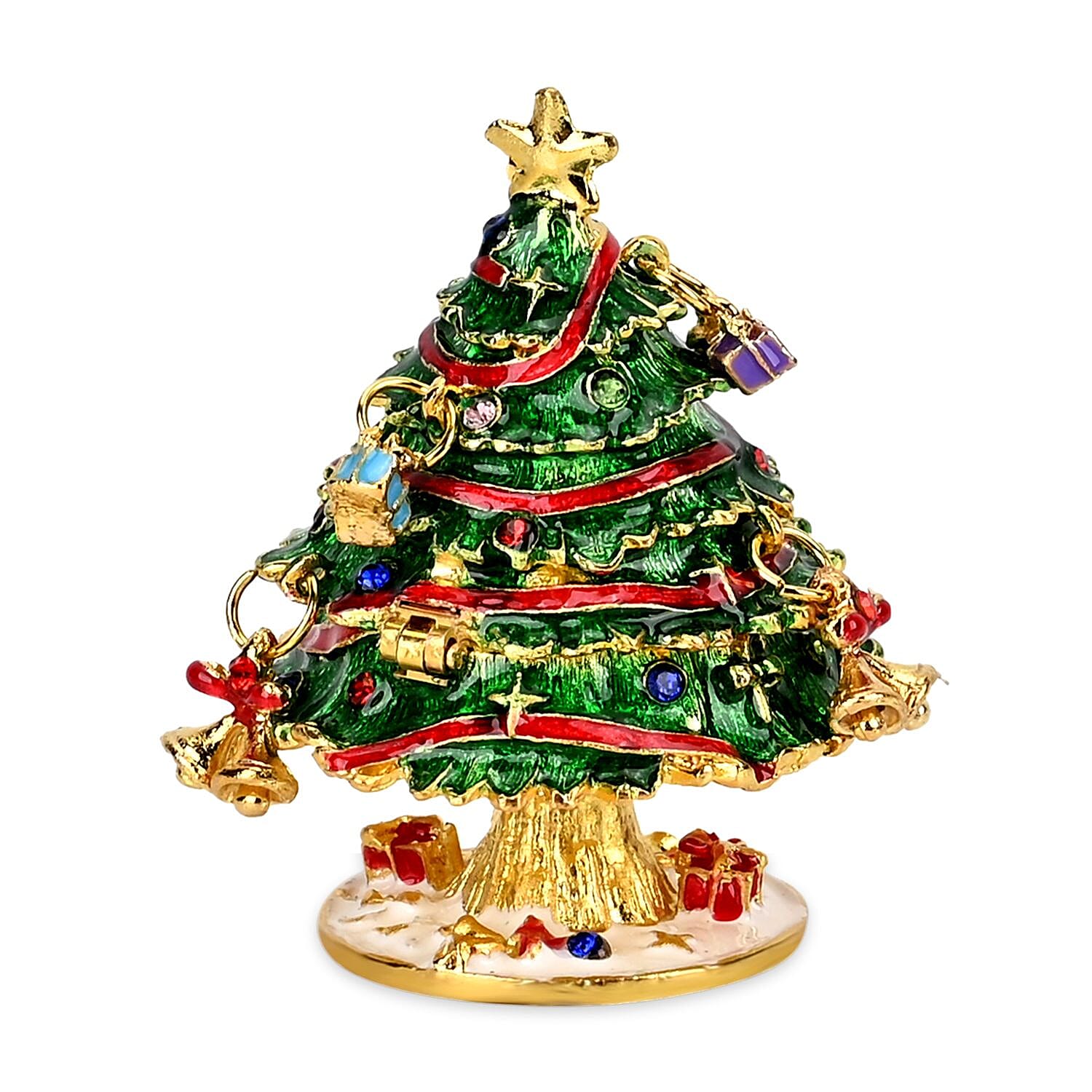 Christmas Tree Hand Painted Trinket Storage Box Enamelled With Sparkling Crystals - Green, Purple & Red