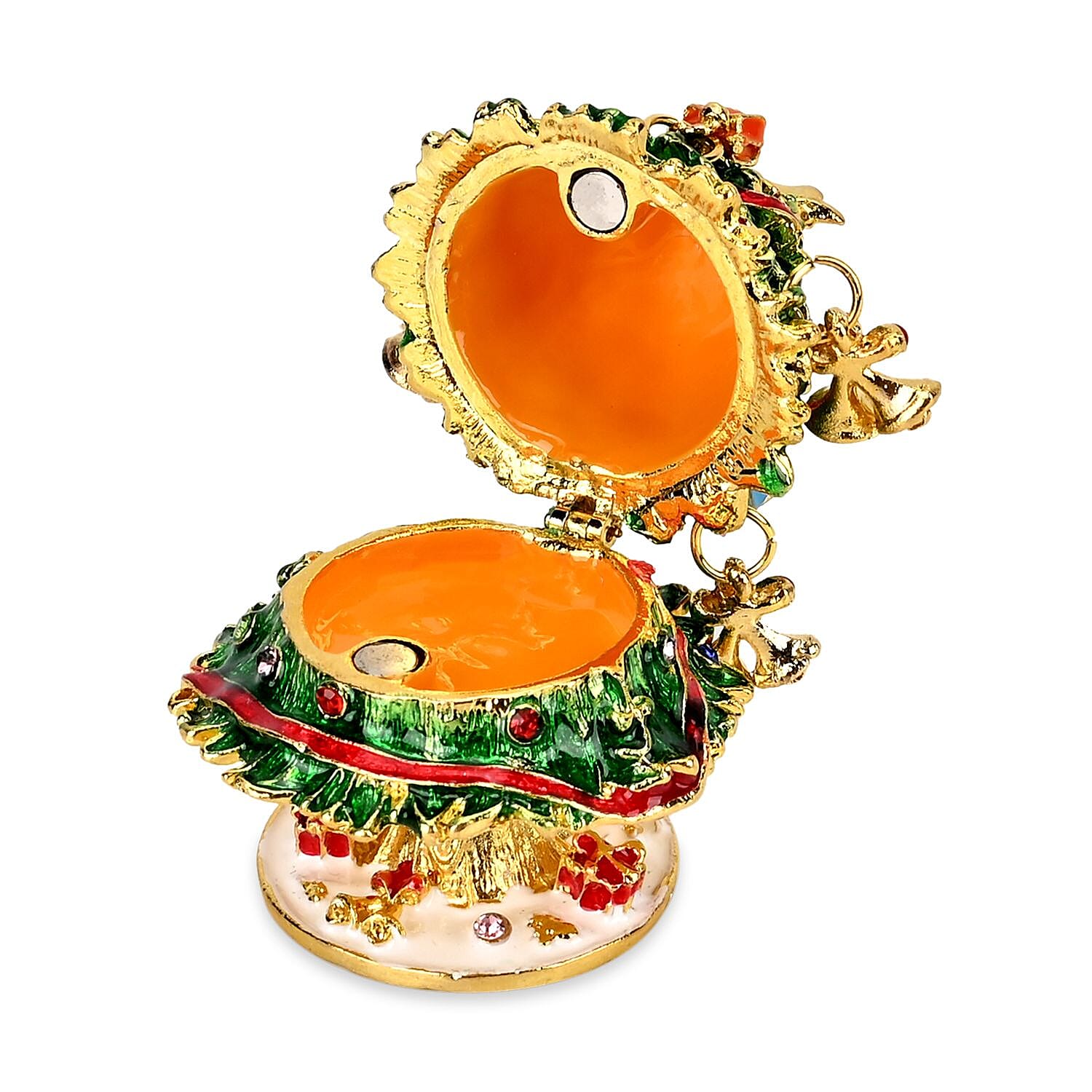 Christmas Tree Hand Painted Trinket Storage Box Enamelled With Sparkling Crystals - Green, Purple & Red