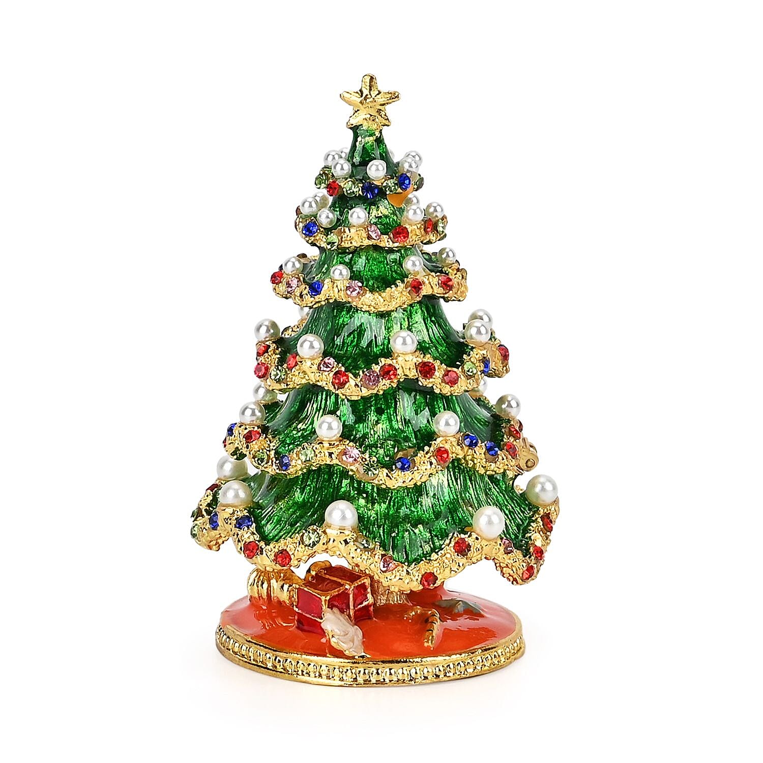 Christmas Tree Hand Painted Trinket Storage Box Enamelled With Sparkling Crystals - Green - Orange
