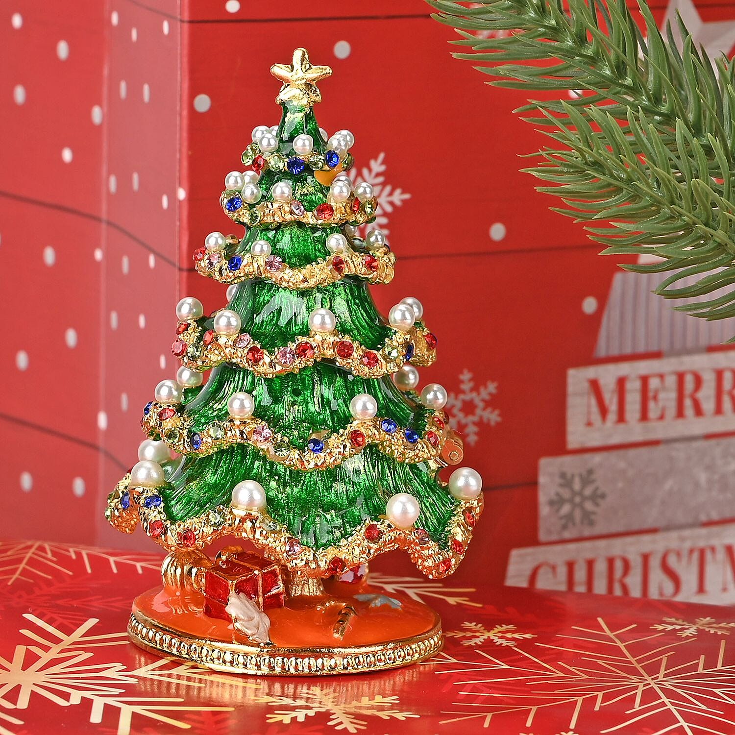 Christmas Tree Hand Painted Trinket Storage Box Enamelled With Sparkling Crystals - Green - Orange