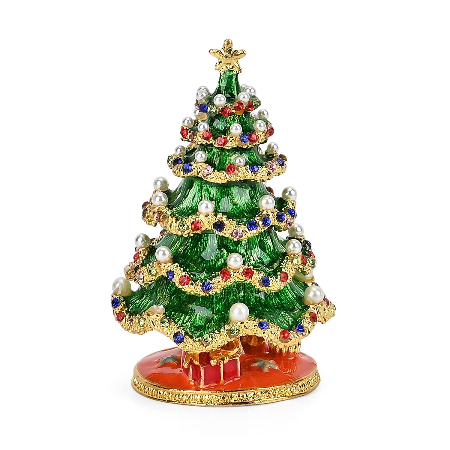 Christmas Tree Hand Painted Trinket Storage Box Enamelled With Sparkling Crystals - Green - Orange