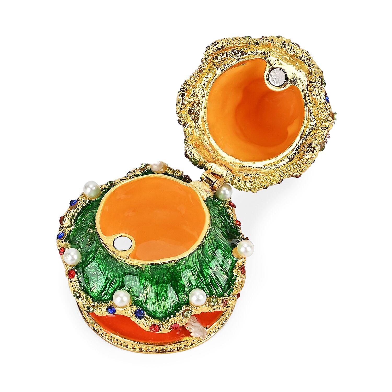 Christmas Tree Hand Painted Trinket Storage Box Enamelled With Sparkling Crystals - Green - Orange