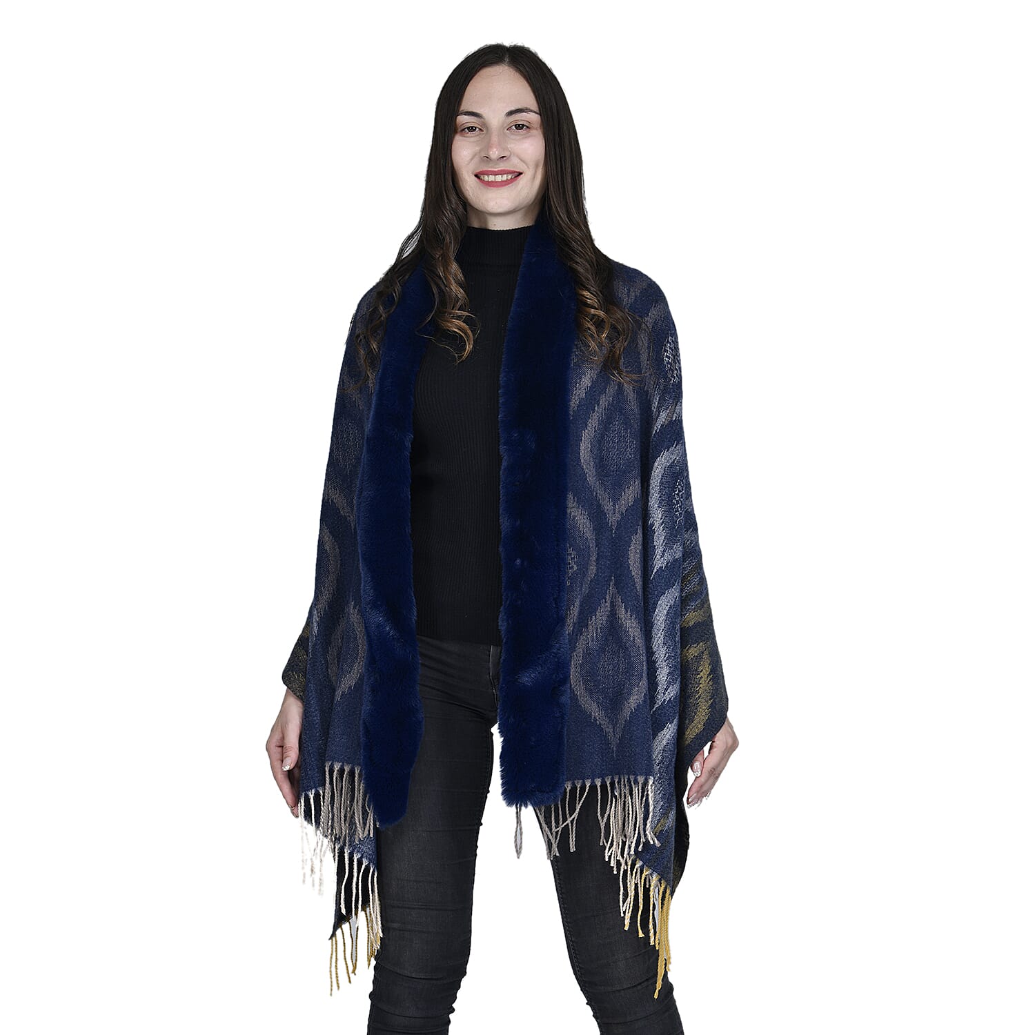 Ikat Pattern Faux Fur Shawl with Fringe (Size 175x65cm) - Dark Blue