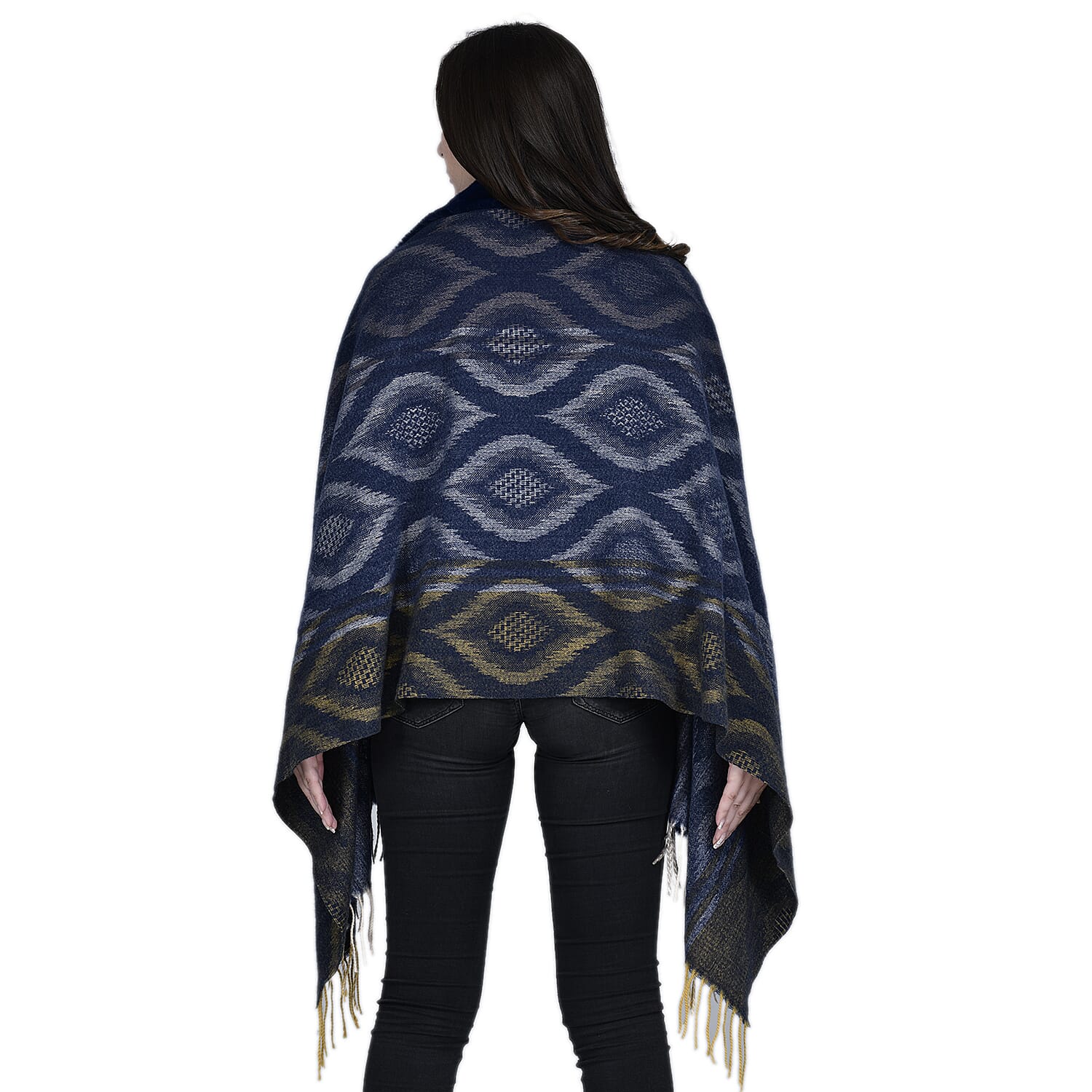 Ikat Pattern Faux Fur Shawl with Fringe (Size 175x65cm) - Dark Blue