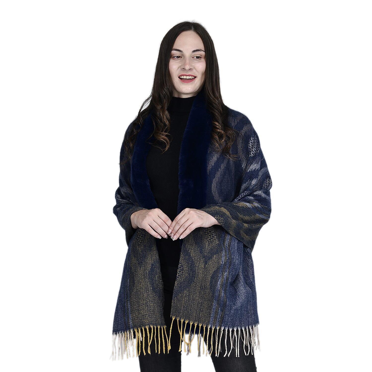 Ikat Pattern Faux Fur Shawl with Fringe (Size 175x65cm) - Dark Blue