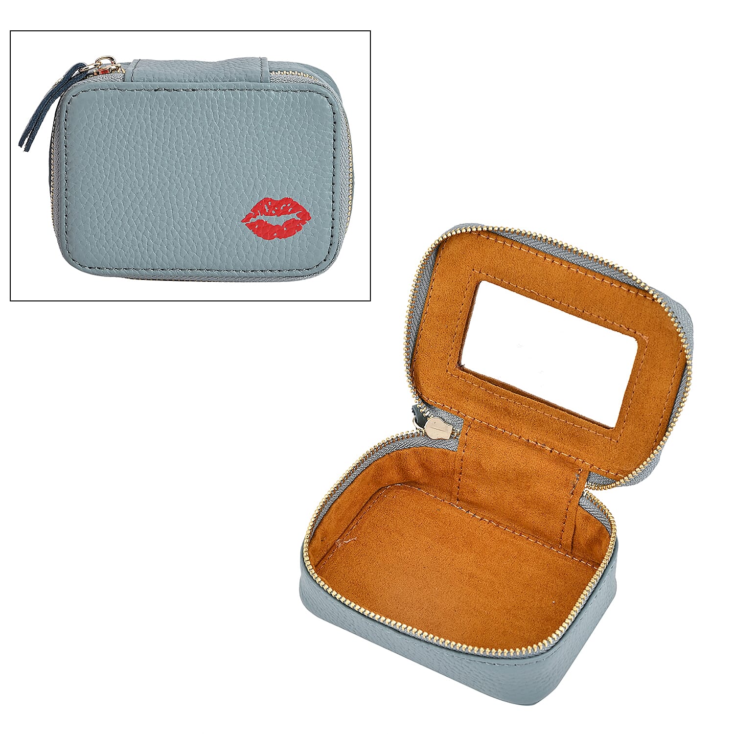 100% Genuine Leather Small Case with Mirror - Blue