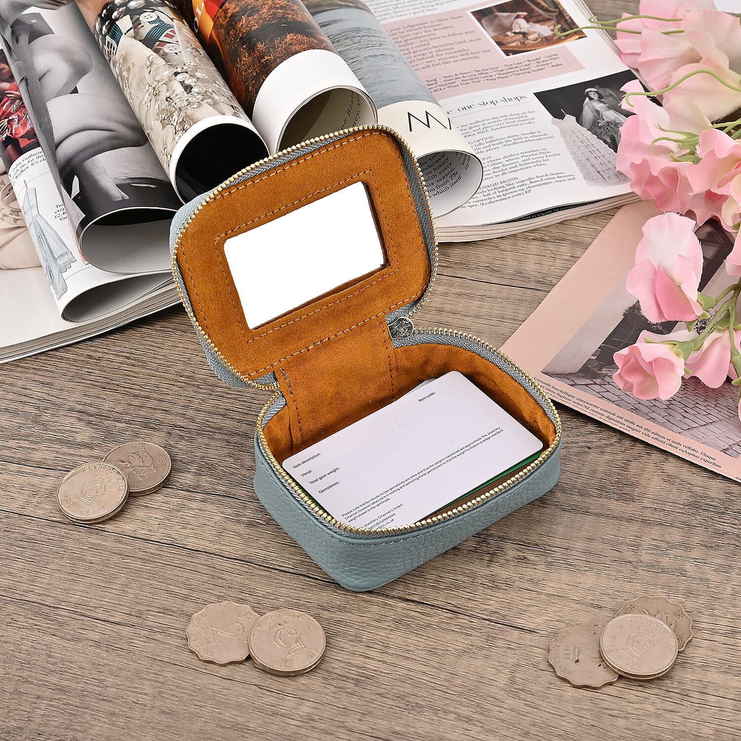 100% Genuine Leather Small Case with Mirror - Blue