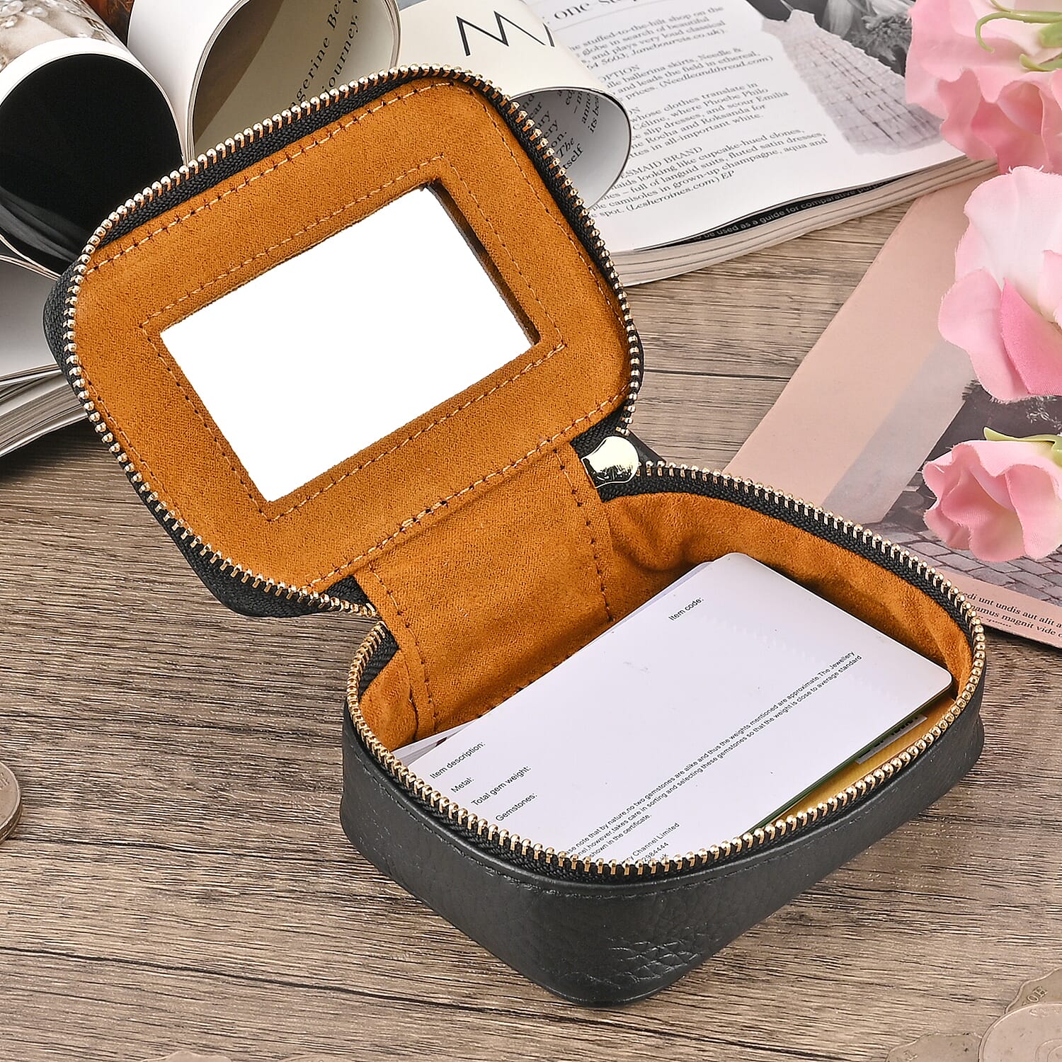 100% Genuine Leather Small Case with Mirror - Black