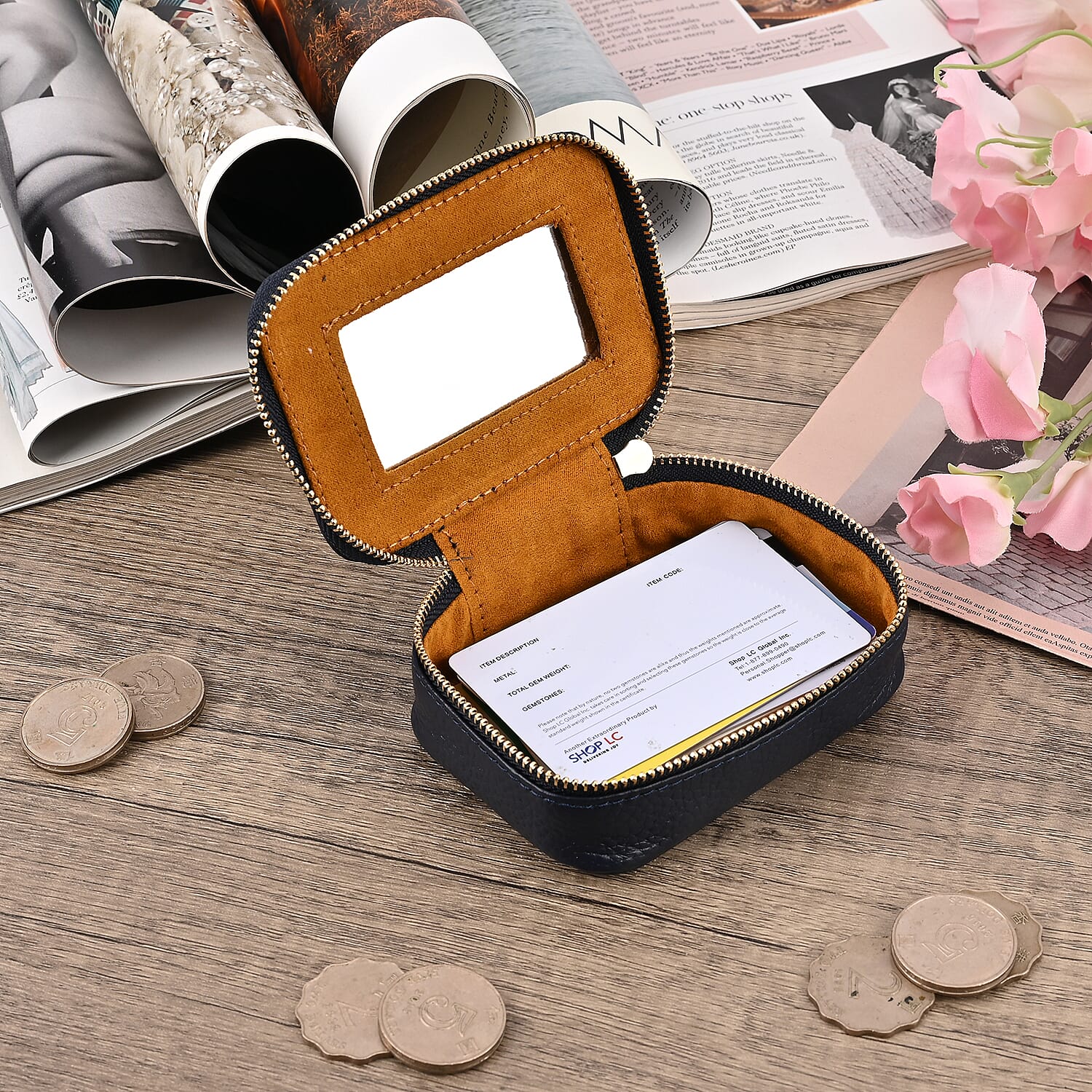 100% Genuine Leather Small Case with Mirror - Navy
