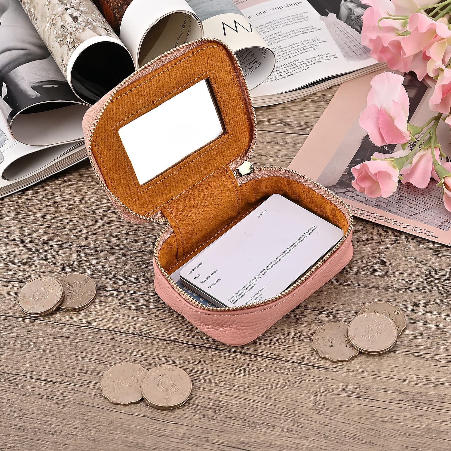 100% Genuine Leather Small Case with Mirror - Pink