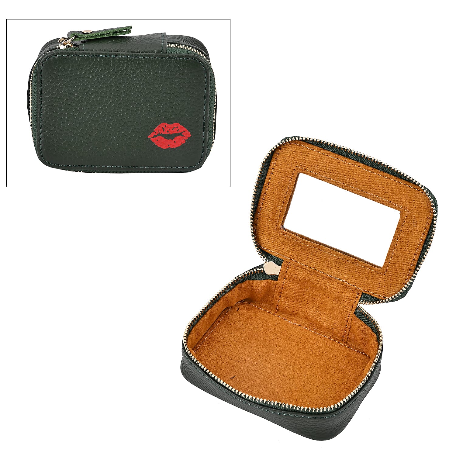100% Genuine Leather Lip Printed Lipstick Storage Box - Green & Tan