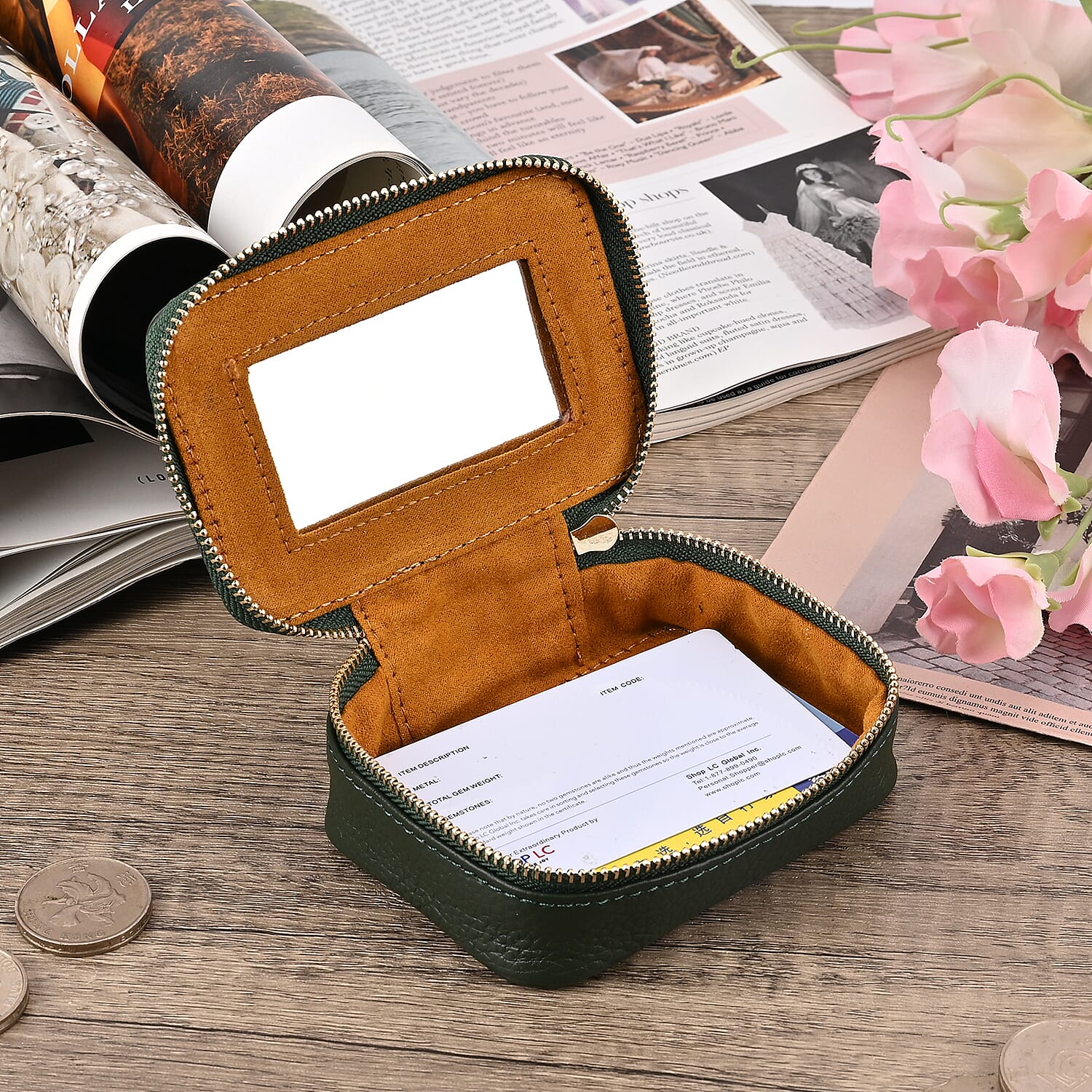 100% Genuine Leather Lip Printed Lipstick Storage Box - Green & Tan