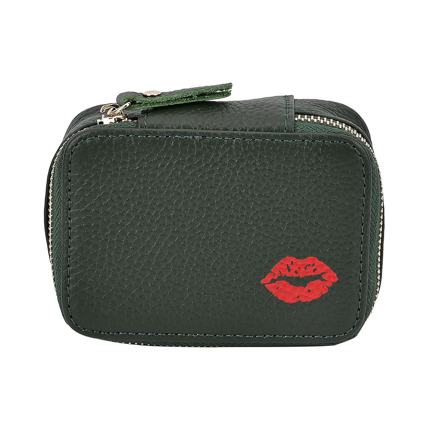 100% Genuine Leather Lip Printed Lipstick Storage Box - Green & Tan
