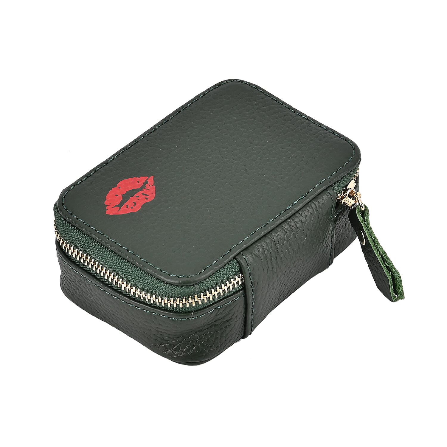 100% Genuine Leather Lip Printed Lipstick Storage Box - Green & Tan
