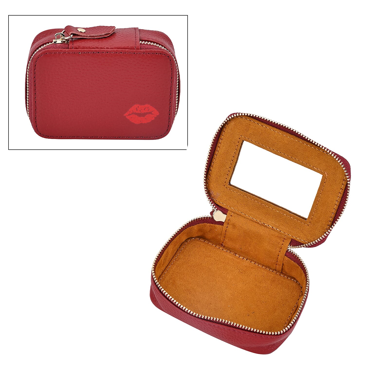 100% Genuine Leather Small Case with Mirror - Burgundy