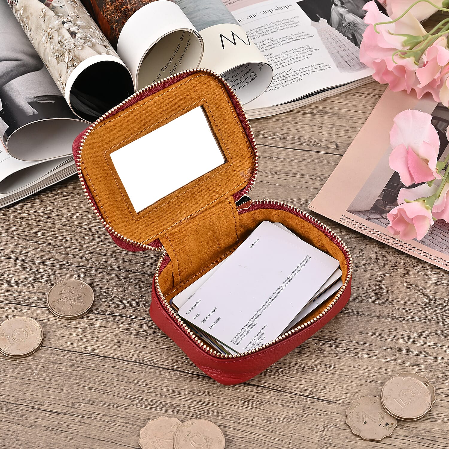 100% Genuine Leather Small Case with Mirror - Burgundy