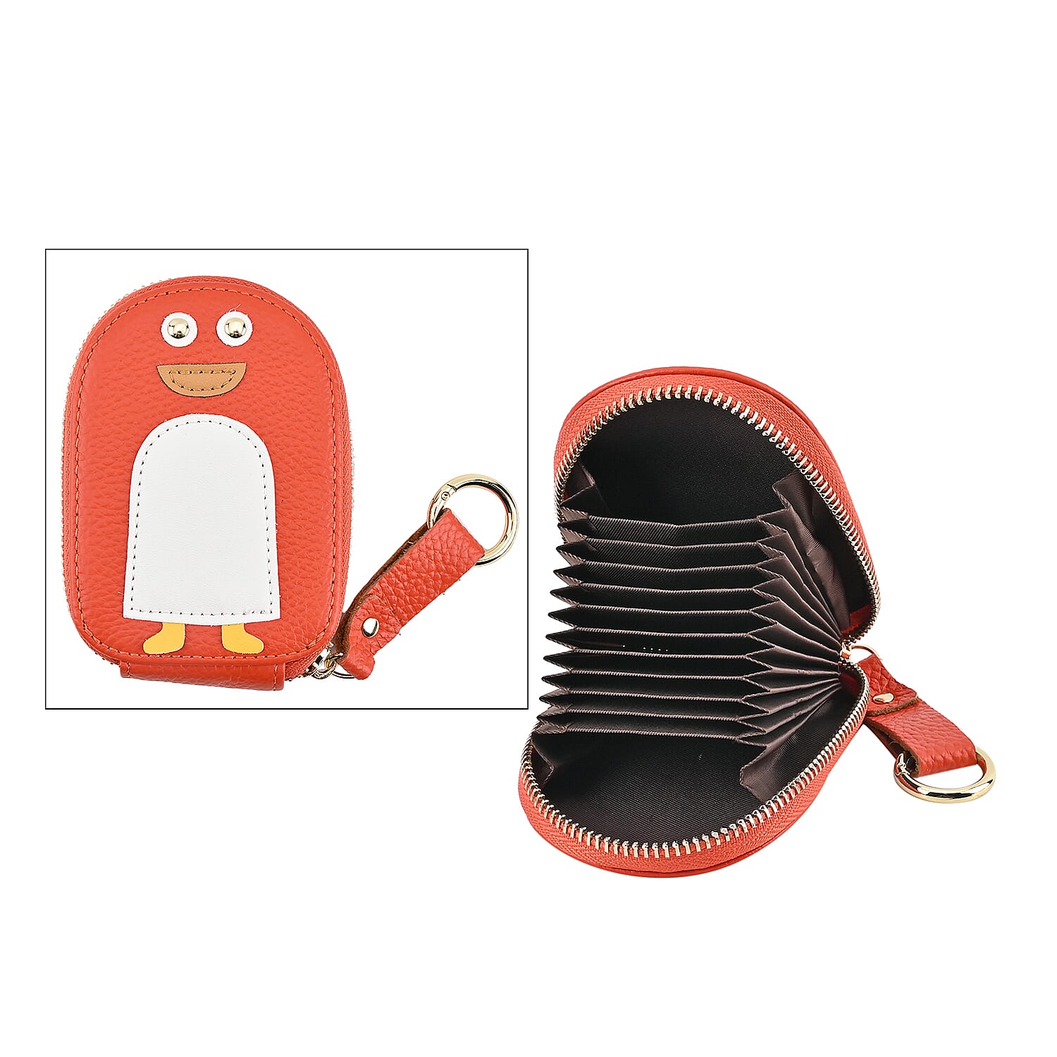Genuine Leather Penguin Card Wallet with Keychain & RFID Technology - Orange