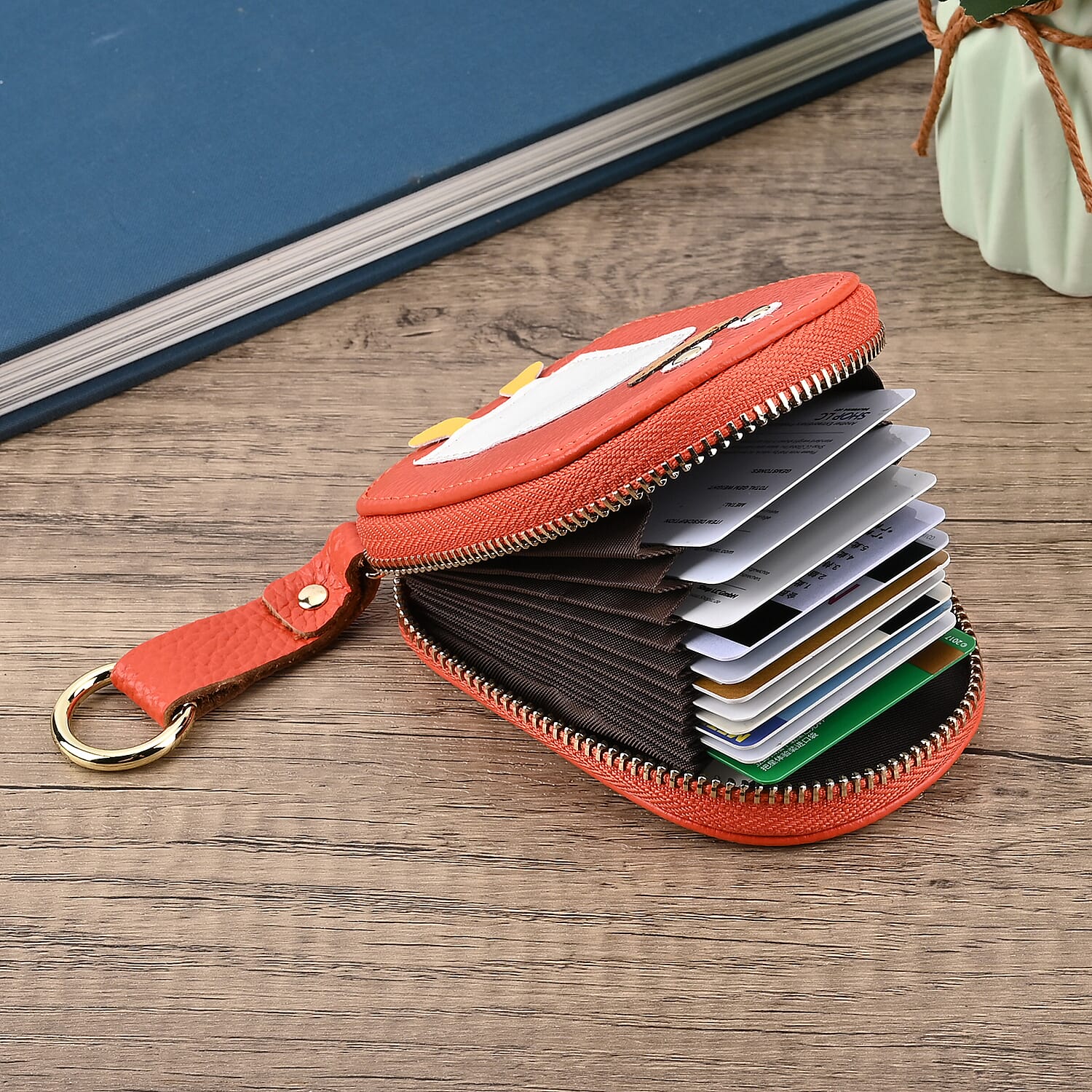 Genuine Leather Penguin Card Wallet with Keychain & RFID Technology - Orange