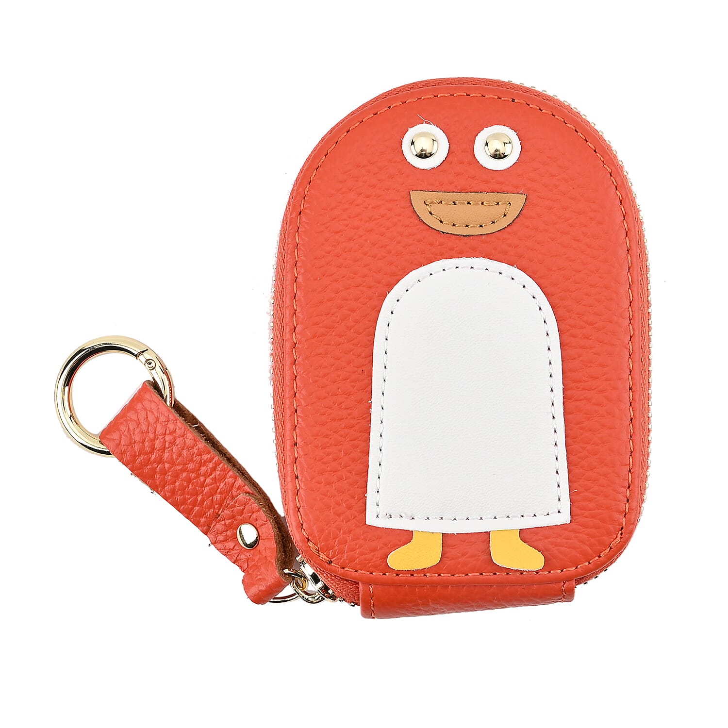 Genuine Leather Penguin Card Wallet with Keychain & RFID Technology - Orange