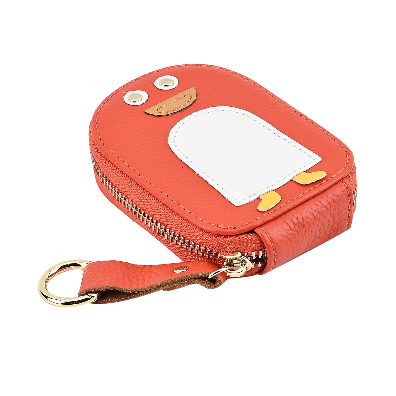 Genuine Leather Penguin Card Wallet with Keychain & RFID Technology - Orange