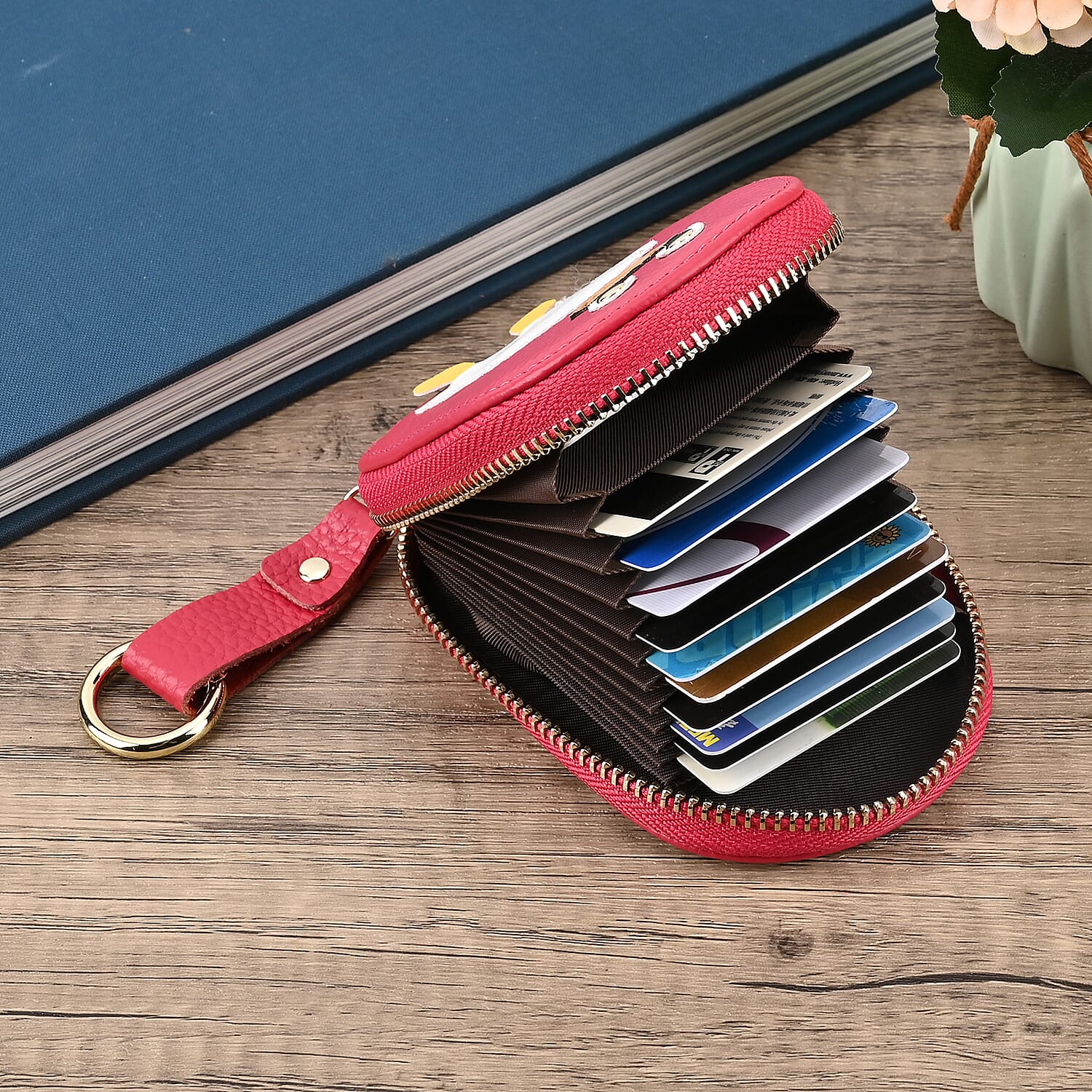 Genuine Leather Penguin Card Wallet with Keychain & RFID Technology - Fuchsia