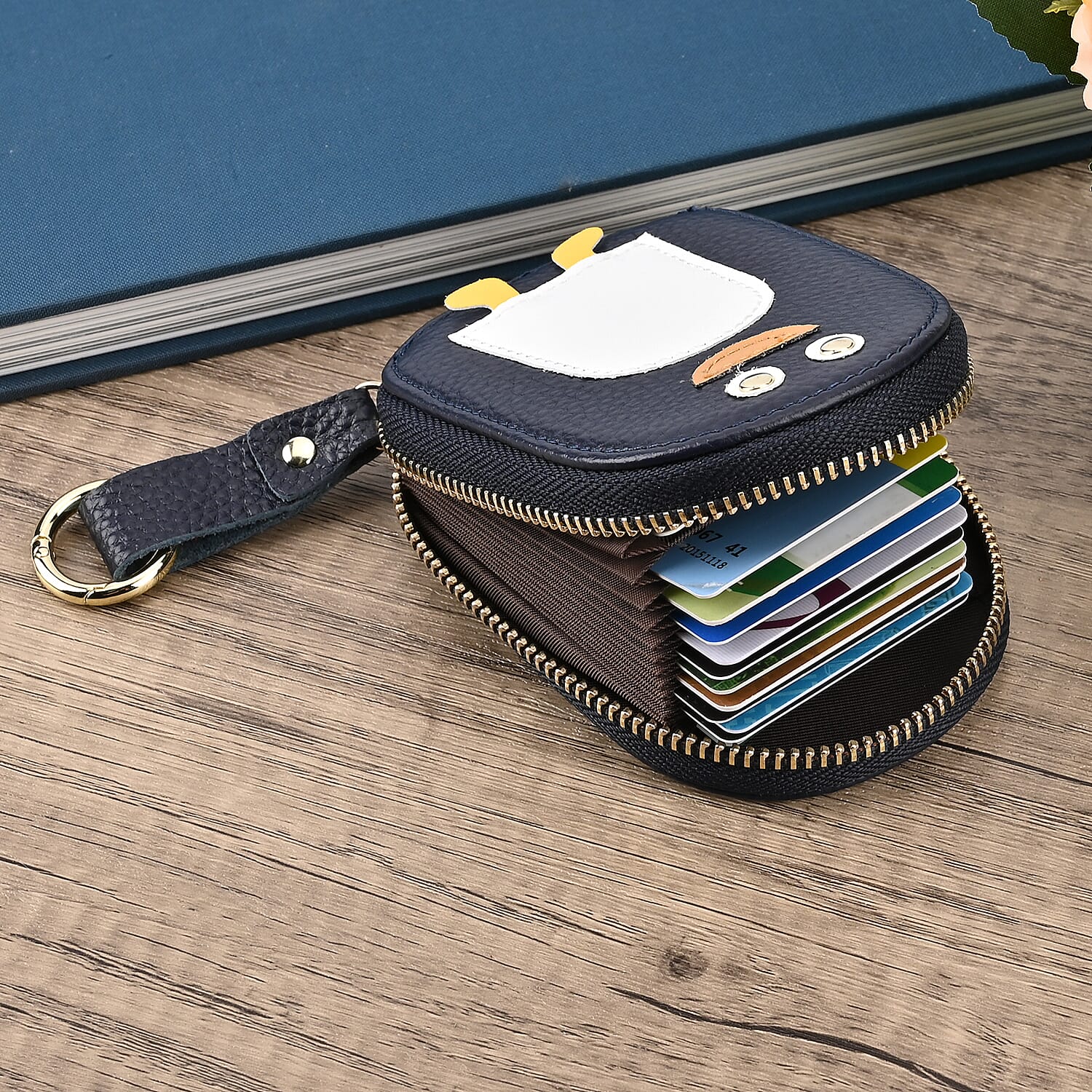 Genuine Leather Penguin Card Wallet with Keychain & RFID Technology - Navy