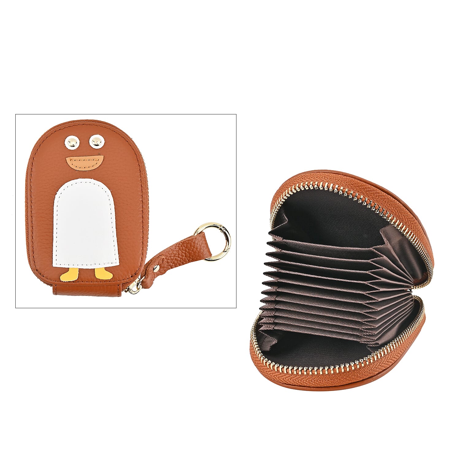 Genuine Leather Penguin Card Wallet with Keychain & RFID Technology - Tan