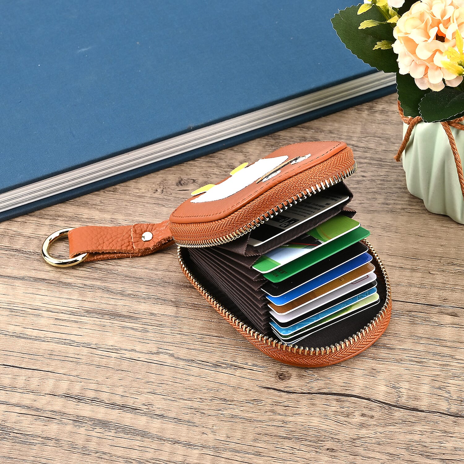 Genuine Leather Penguin Card Wallet with Keychain & RFID Technology - Tan