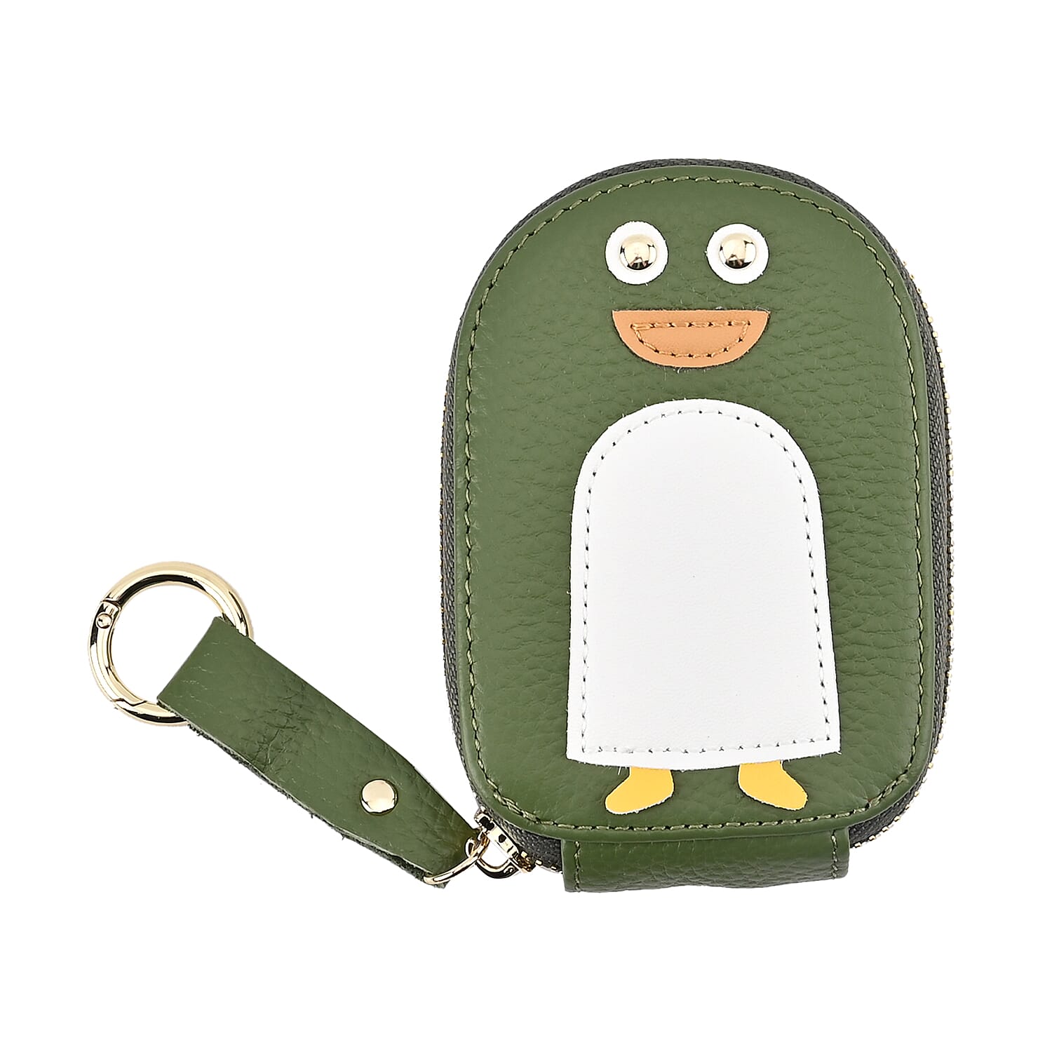 Genuine Leather Penguin Card Wallet with Keychain & RFID Technology - Olive
