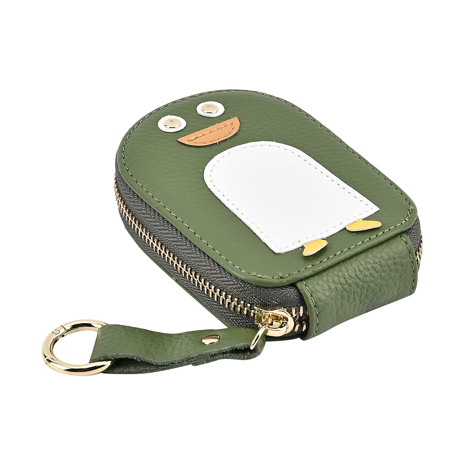 Genuine Leather Penguin Card Wallet with Keychain & RFID Technology - Olive