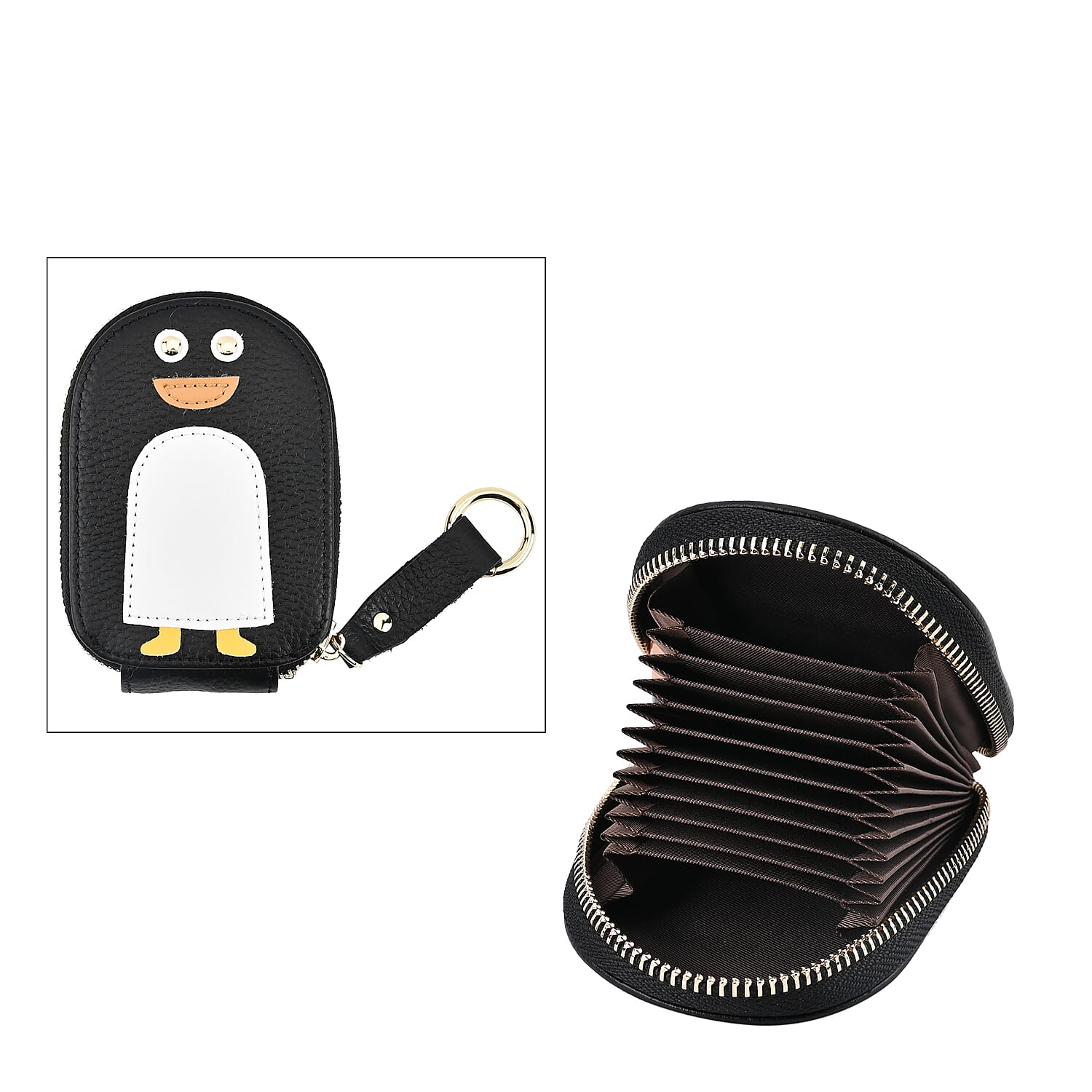 Genuine Leather Penguin Card Wallet with Keychain & RFID Technology - Black