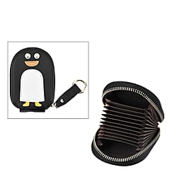 Genuine Leather Penguin Card Wallet with Keychain & RFID Technology - Orange