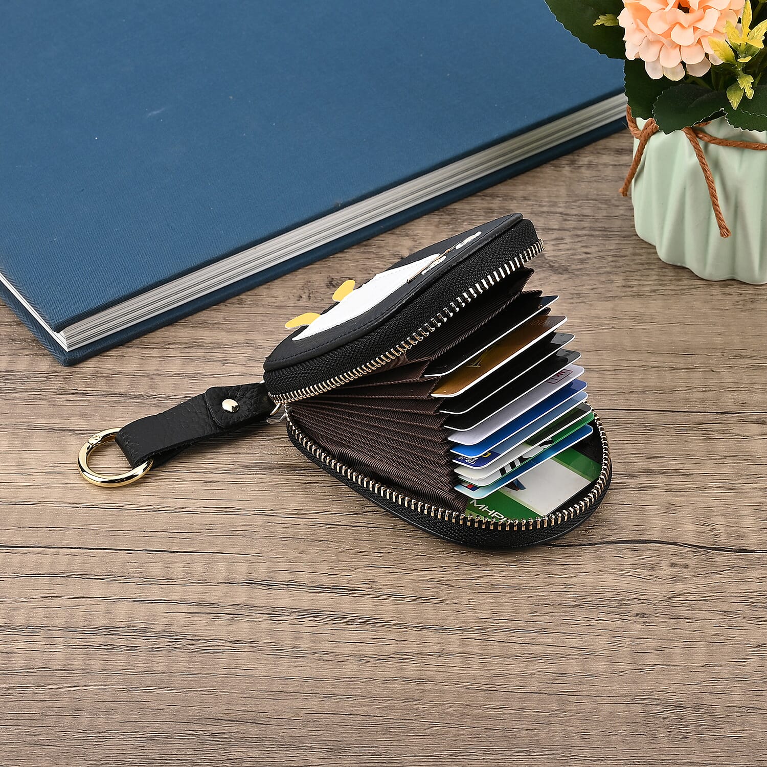 Genuine Leather Penguin Card Wallet with Keychain & RFID Technology - Black