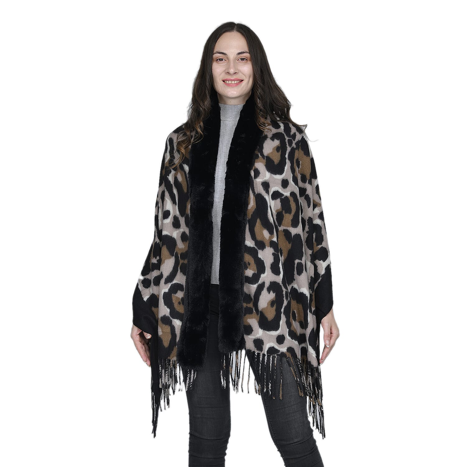 Leopard Pattern Faux Fur Shawl with Fringe (Size 175x65cm) - Black