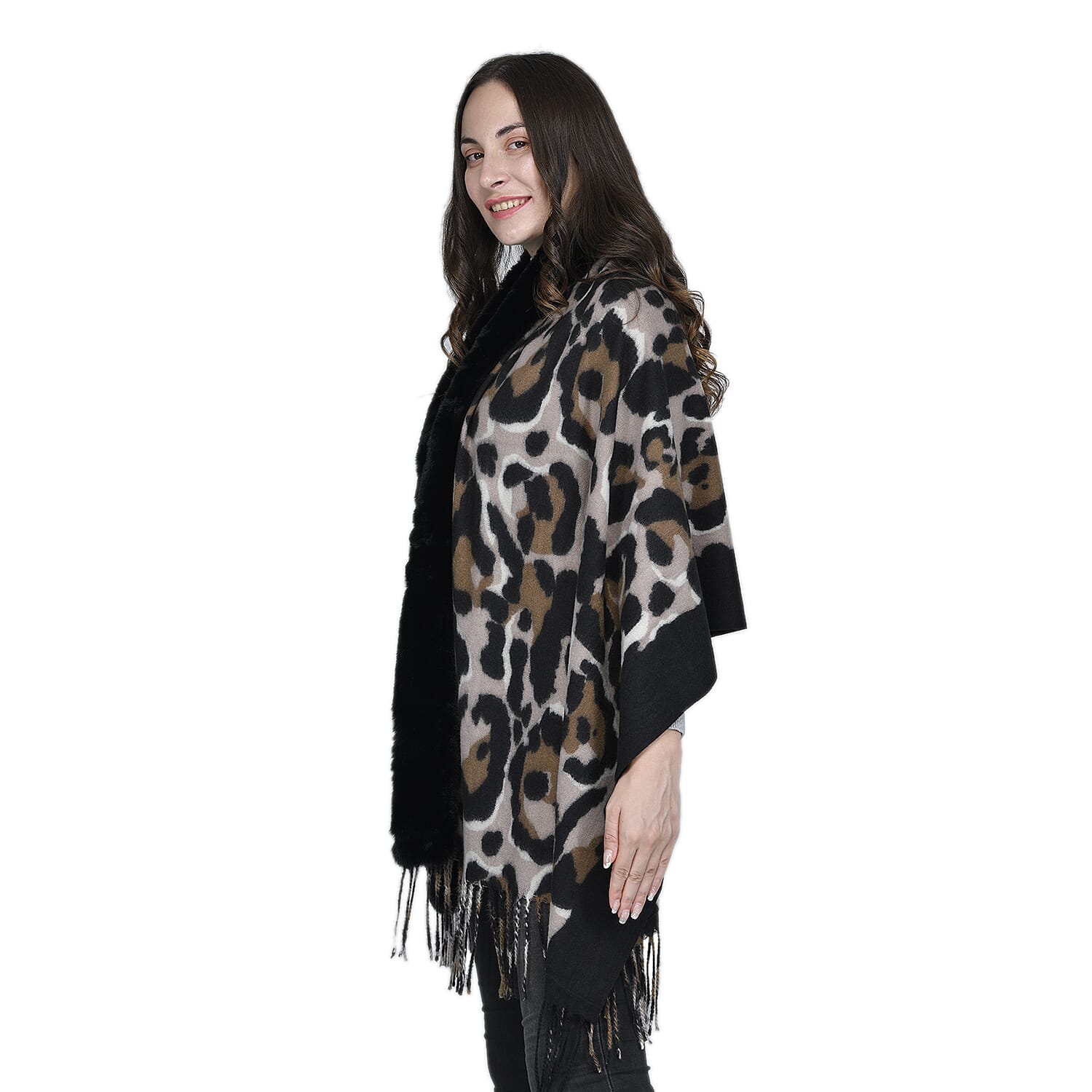 Leopard Pattern Faux Fur Shawl with Fringe (Size 175x65cm) - Black
