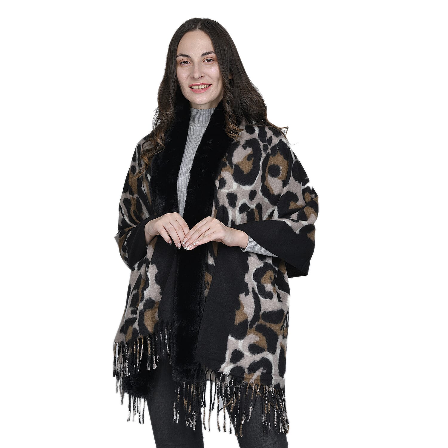 Leopard Pattern Faux Fur Shawl with Fringe (Size 175x65cm) - Black