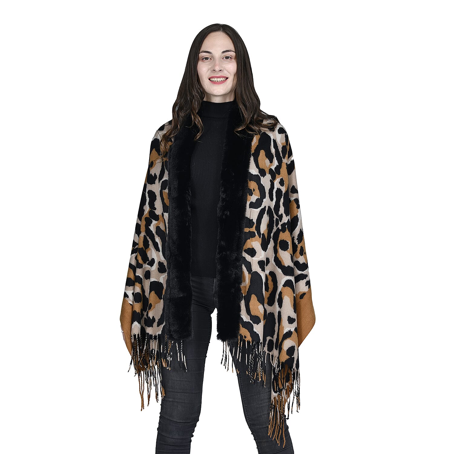 Leopard Print Scarf with Faux Fur Trim (Size 175x65 cm) - Dark Brown & Black