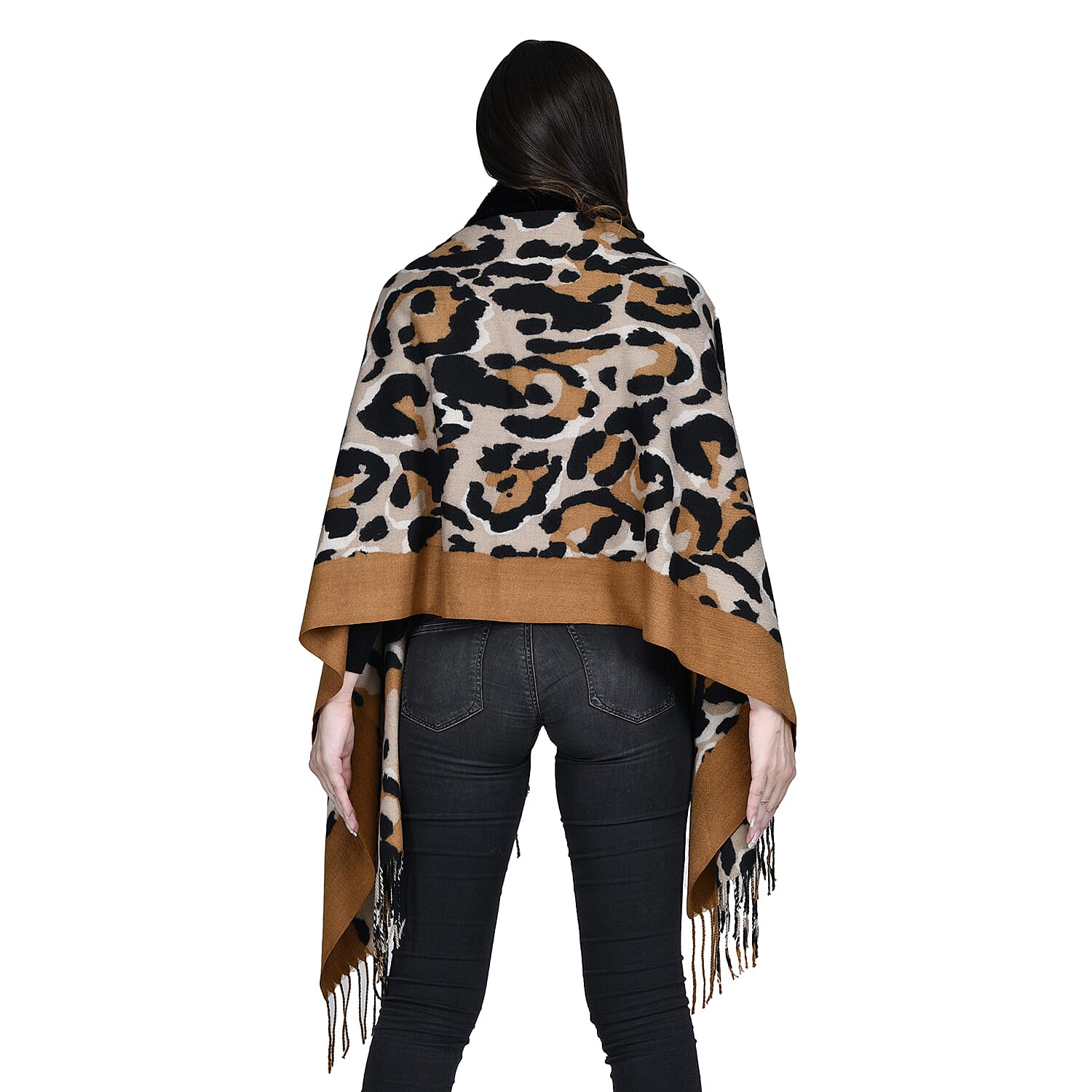 Leopard Print Scarf with Faux Fur Trim (Size 175x65 cm) - Dark Brown & Black