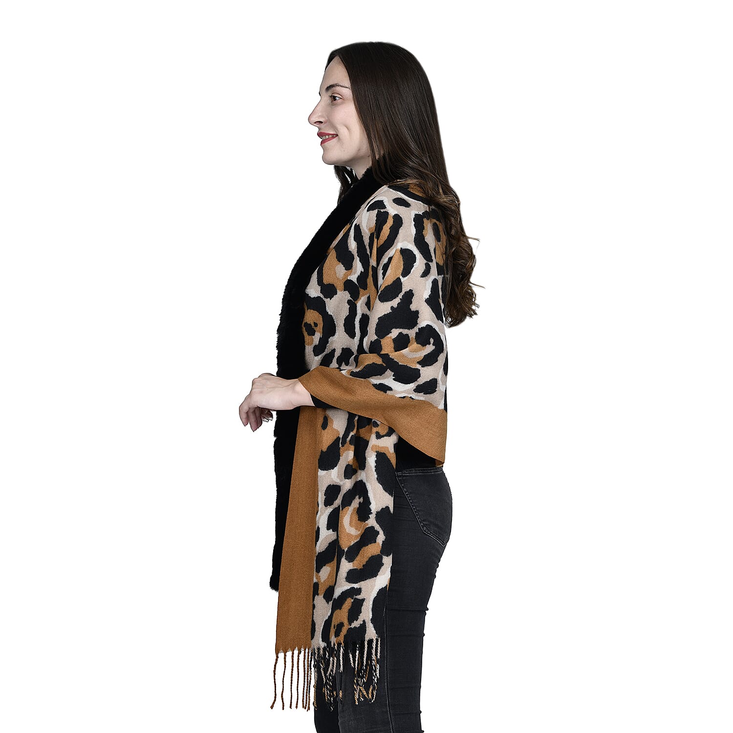 Leopard Print Scarf with Faux Fur Trim (Size 175x65 cm) - Dark Brown & Black